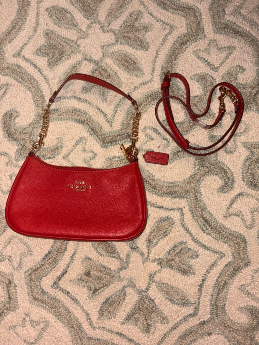 Coach Red Pebbled Leather Teri  Shoulder Bag with Gold Chain